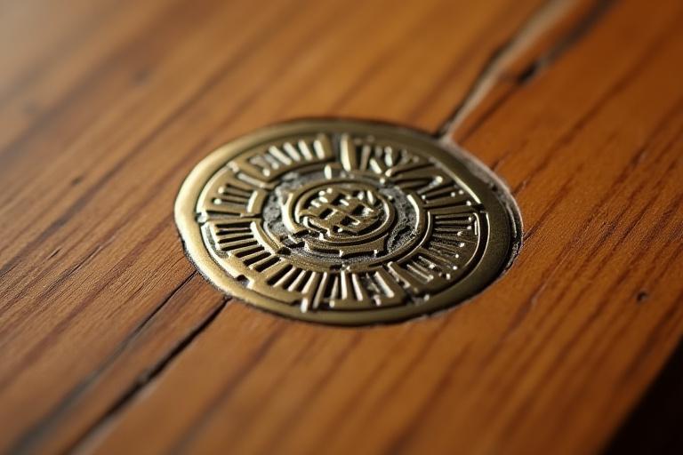 Nærbillede af et kunstnerisk metalindlæg i et træmøbel