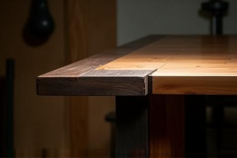 Glimt af et næsten færdigt træ- og metalbord, der fanger lyset i værkstedet