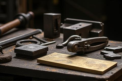 Metalværksted med værktøj og metalemner på en robust arbejdsbænk