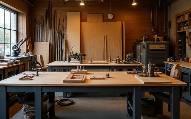 Udsnit af et rent og organiseret KlingeSnedker-værksted med træ og metal på arbejdsbordet