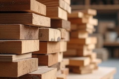 Stabel af forskellige træsorter klar til forarbejdning i et værksted
