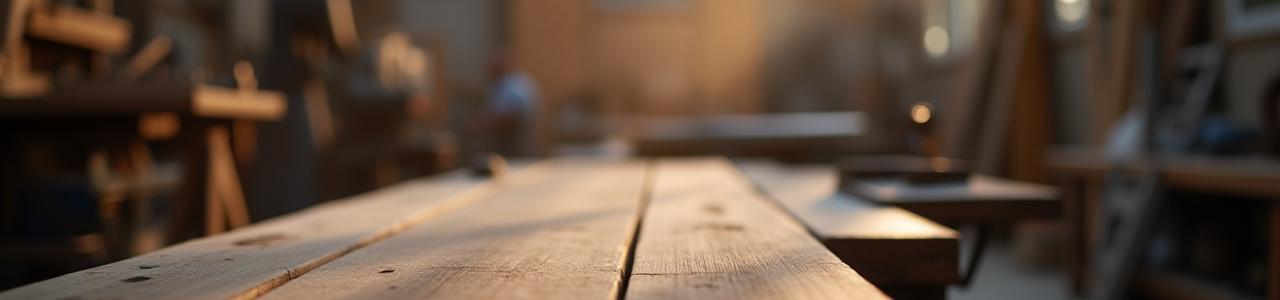 Billede af et værksted med træ- og metalmaterialer, der symboliserer håndværk.
