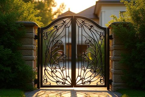 Elegant indgangsport i sort smedejern med minimalistisk mønster.