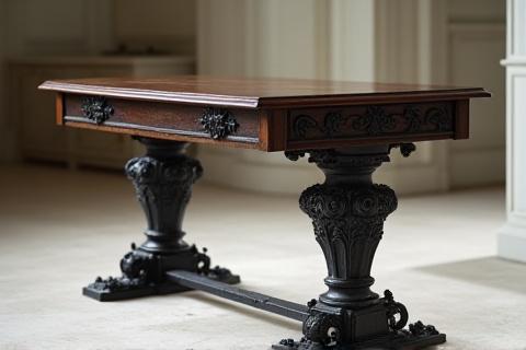 Restaureret antikt bord med smedejernsfod og træplade.