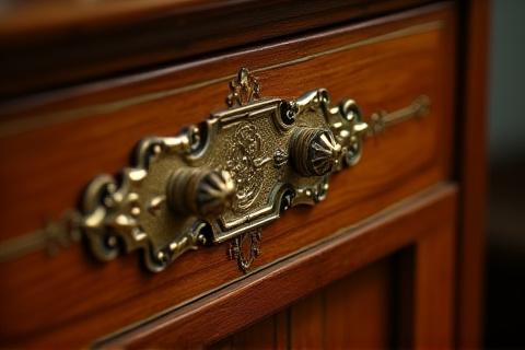 Nærbillede af restaureret messingindlæg i et antikt skab.